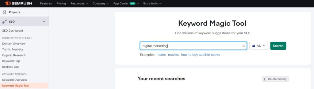 screenshot of semrush magic keyword tool